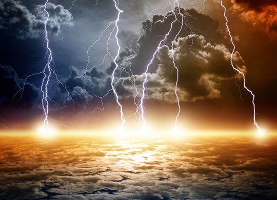 Dramatic apocalyptic background, end of world, bright lightnings, armageddon.